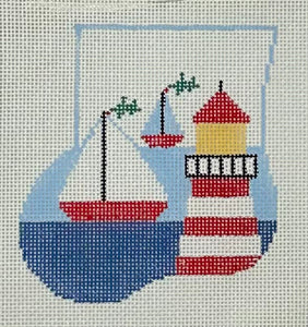 Stuffed Mini Sock: Red & White Lighthouse & Boats w/Crab